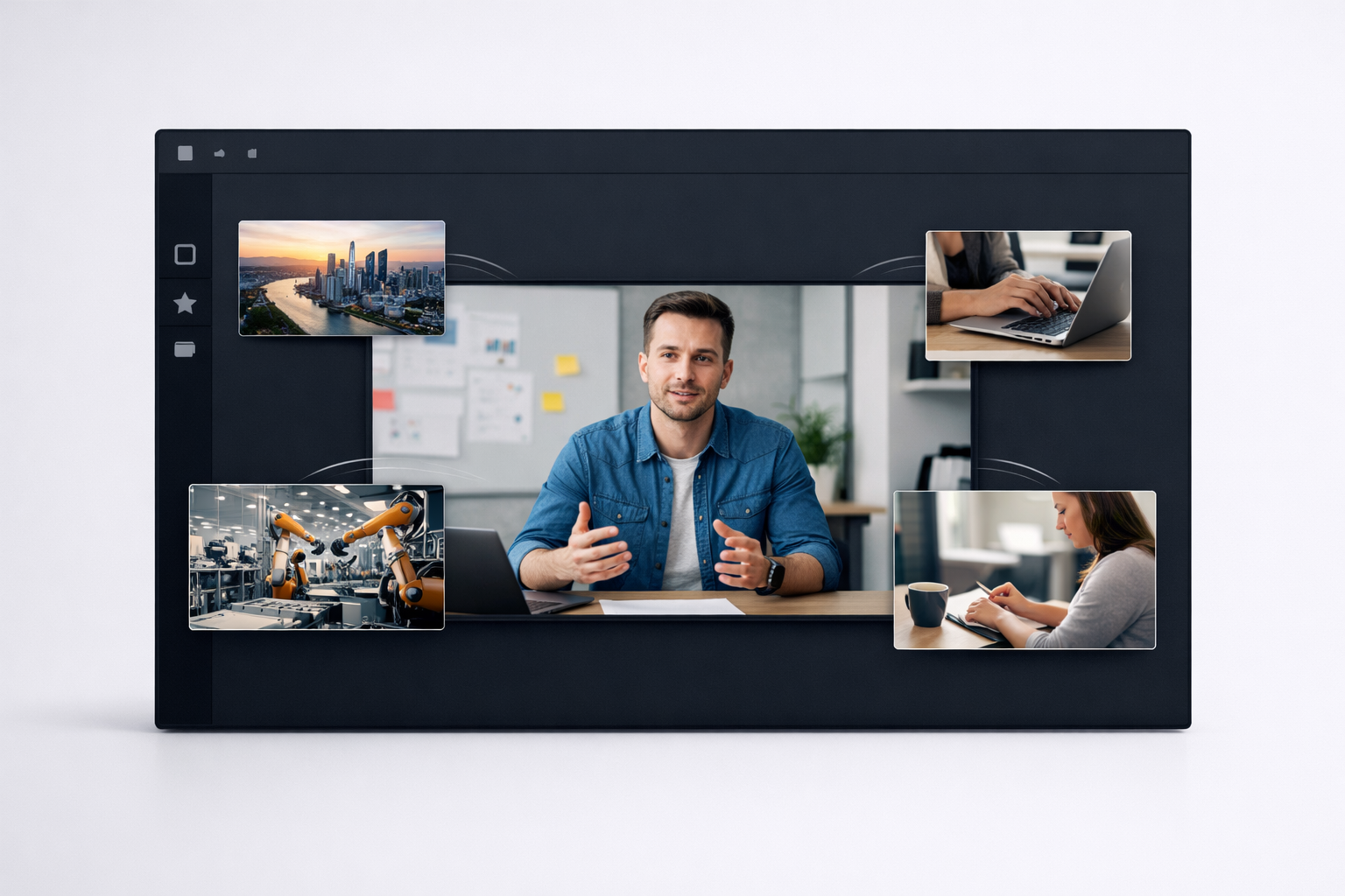 Talking-head video with floating B-roll thumbnails connected to the main frame