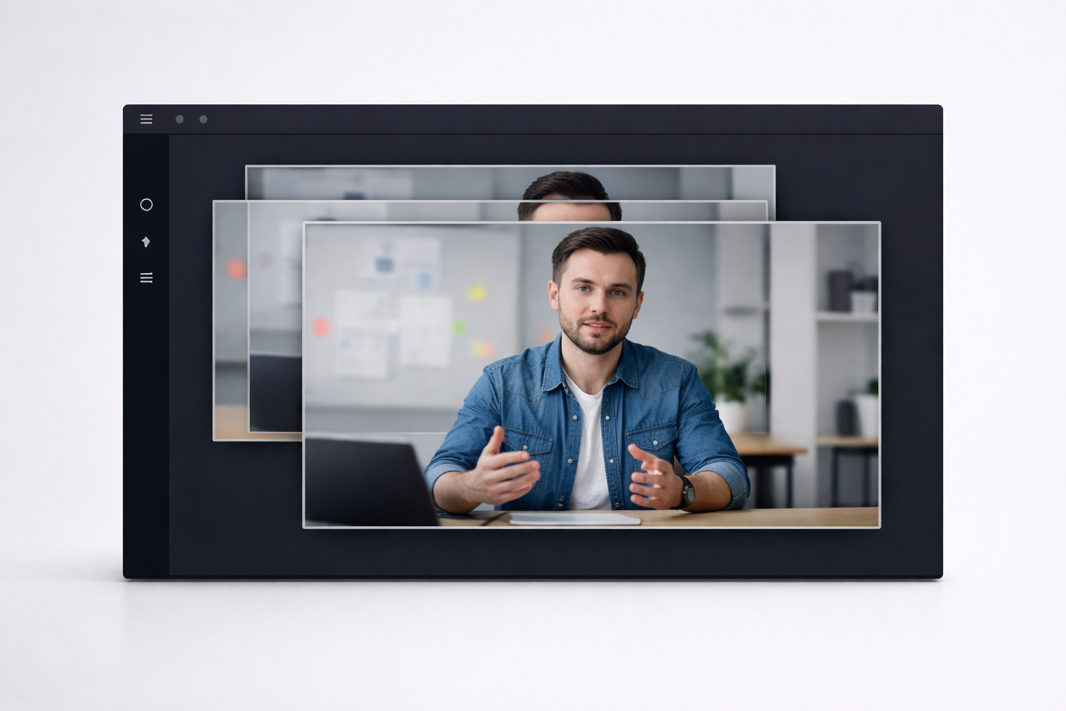 Layered video frames suggesting motion and transitions between clips