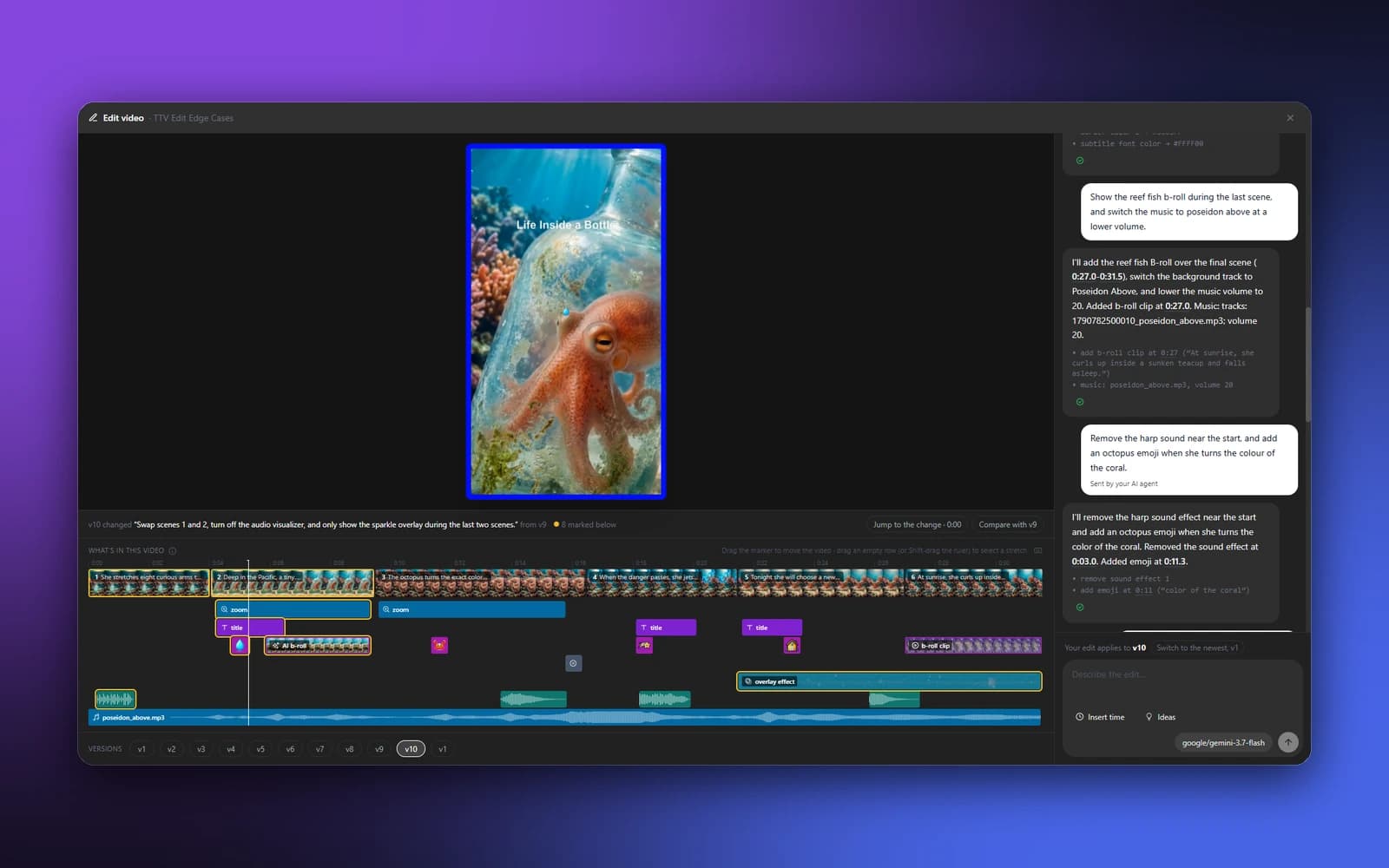 Shorz video editor: the finished video beside the edit chat, with clips, zooms, titles, emoji, b-roll, sound effects and music laid out on the timeline